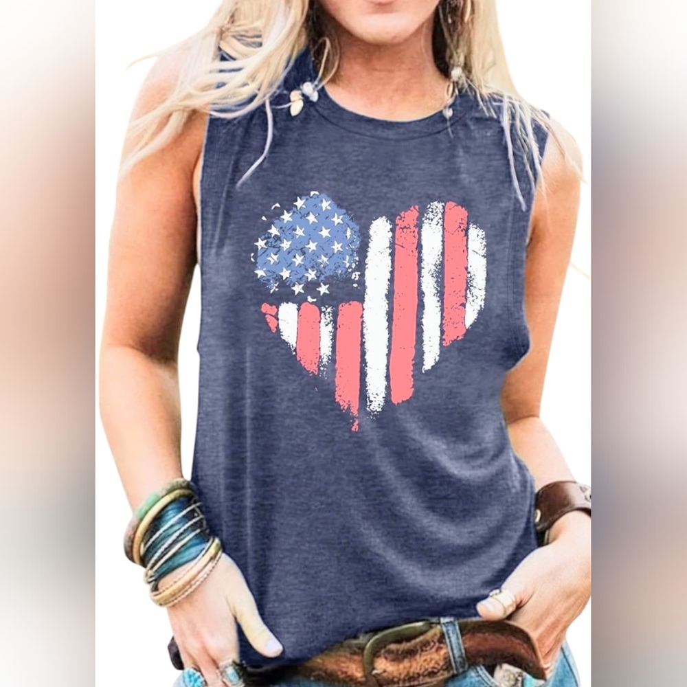 🆕 Womens Heather Blue Patriotic Sleeveless Top W/ Screen Print American Flag